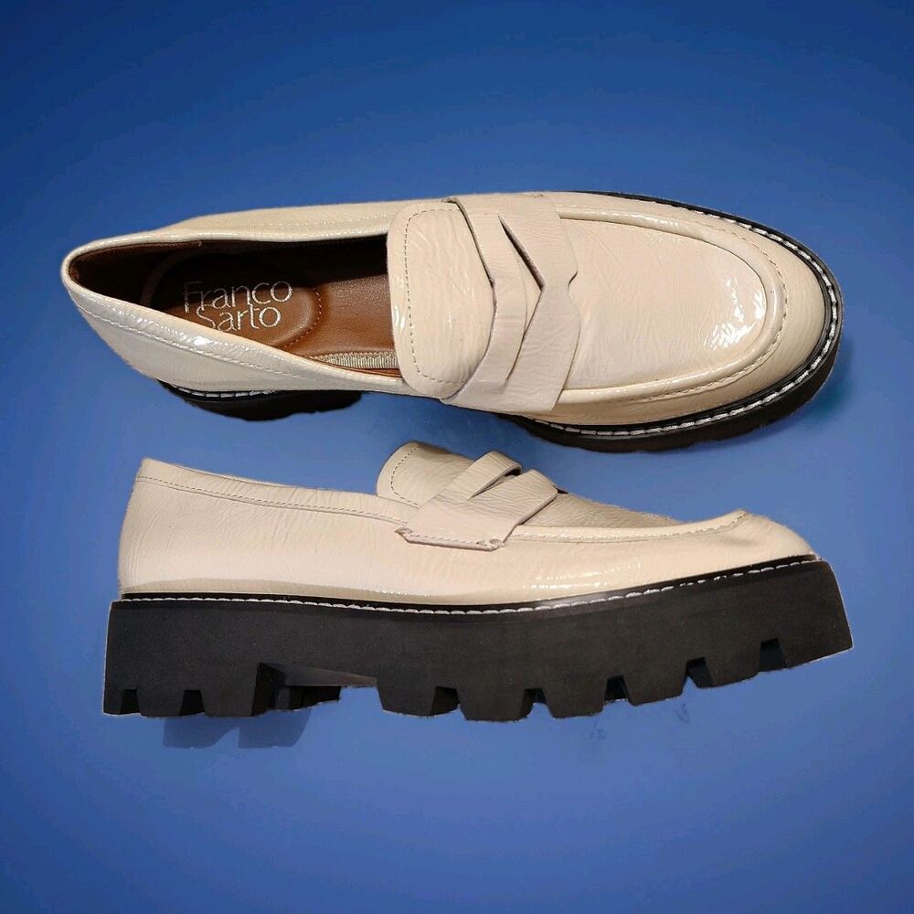 Franco Sarto Balin Loafers Women's Sz 6 Cream Patent Leather Chunky Lug Sole New